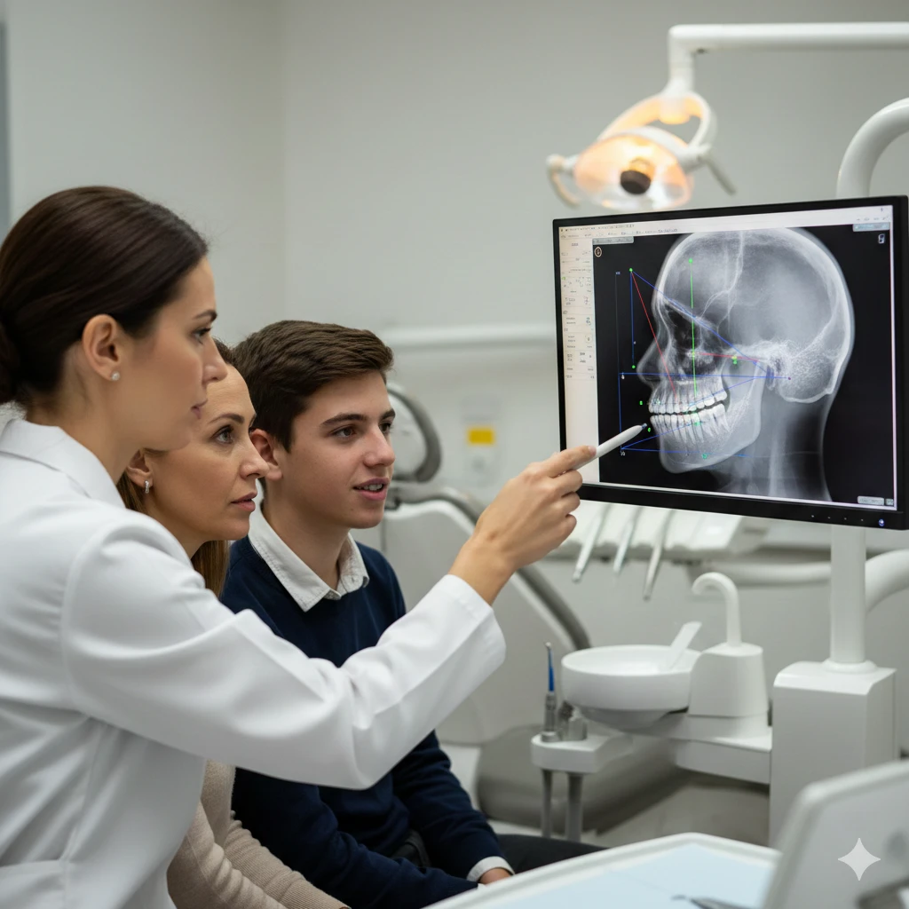 אמא ובן במכון צילום שיניים עם עובדת המכון בעת קבלת הצילום האורתודנטי