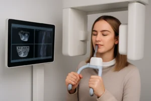 מטופלת בצילום CBCT במכון הדמיה דנטלית עם המכשור המתקדם
